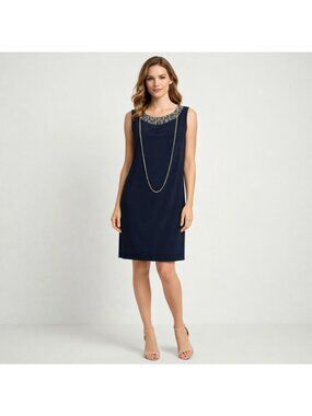 R&M Richards Sleeveless Dress W Metallic Embelishment Neckline Navy Blue Size 10